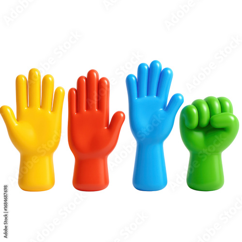 3D Plastic Icon Style Assortment Of Colorful Hands Gesturing Open And Fist On Transparent Background