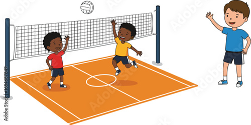Two boys playing volleyball on court with net while another boy in blue shirt waves nearby, kids sport activity.