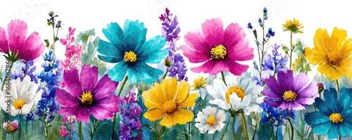 Dainty wildflowers forming a gentle border concept. Vibrant flowers in assorted colors blooming in a beautiful garden.