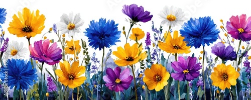 Dainty wildflowers forming a gentle border concept. A vibrant field of colorful wildflowers in full bloom.