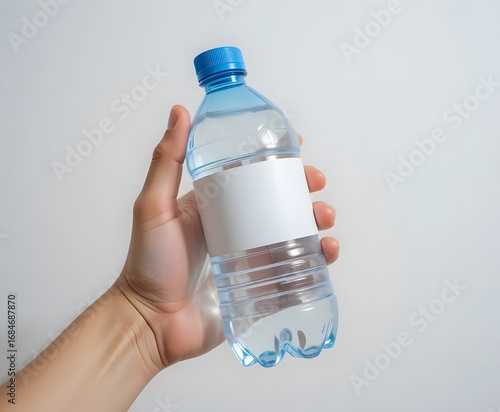 Refreshing clear water bottle with blank label held by hand, perfect for branding and product placement