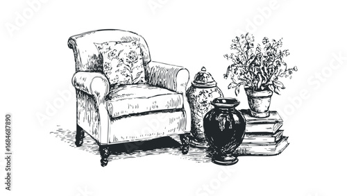 Sketch of a Vintage Armchair with Decorative Vases and Potted Plant. Vector hand drawn illustration
