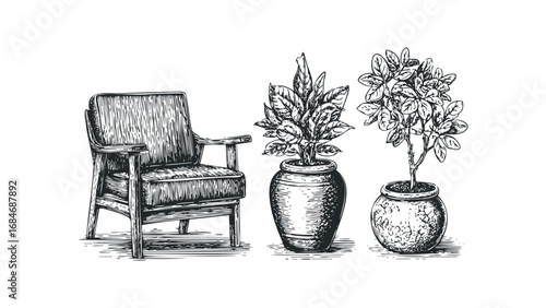 Vintage armchair and potted plants sketch on transparent background. Vector hand drawn illustration