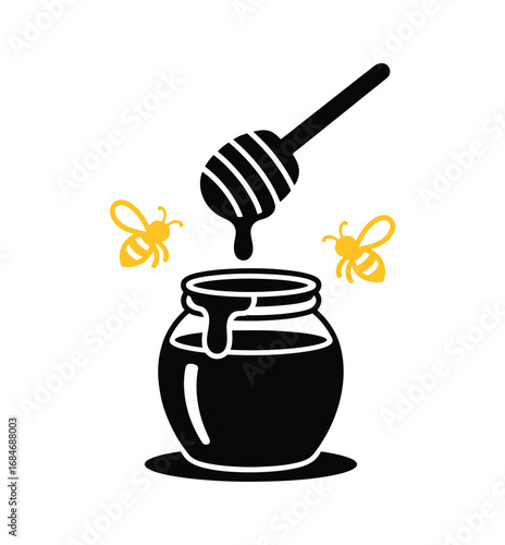 Honey dipper dripping silhouette honey into a jar with bee icon nearby, white background, flat vector illustration for World Bee Day