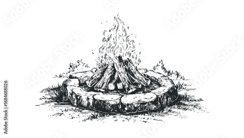 Hand-drawn campfire with burning logs and grassy surroundings. Vector hand drawn illustration