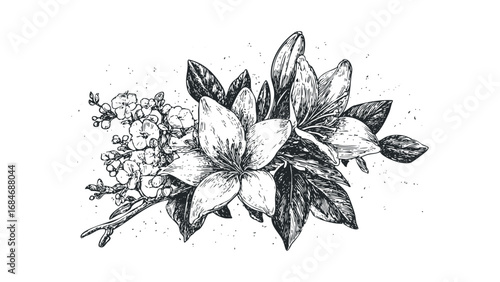 Hand Drawn Lily and Blossom Branch on Transparent Background. Vector hand drawn illustration