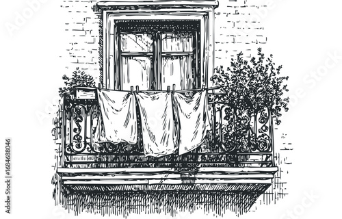 Sketch of laundry drying on a balcony with plants and ornate railing. Vector hand drawn illustration