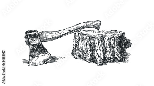 Engraved Axe resting on a Rough Tree Stump. Vector hand drawn illustration