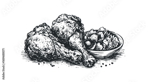 Hand-drawn sketch of crunchy fried chicken legs and potato wedges on a transparent background. Vector hand drawn illustration