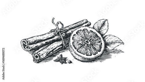 Line art drawing of cinnamon sticks tied with string next to a lemon slice and star anise. Vector hand drawn illustration