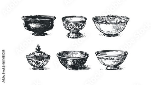 Vintage bowl and container collection etching. Vector hand drawn illustration