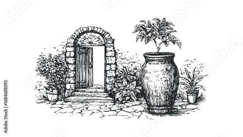 Open stone archway with potted plants and large urn on cobblestone path. Vector hand drawn illustration