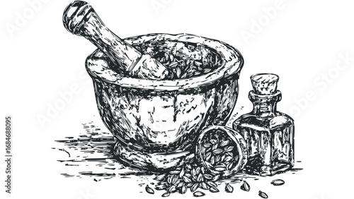 Hand Drawn Mortar and Pestle with Spices and Essential Oil Bottle. Vector hand drawn illustration