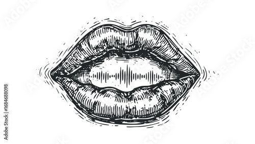 Black and white engraved illustration of open lips with sound wave graphic. Vector hand drawn illustration
