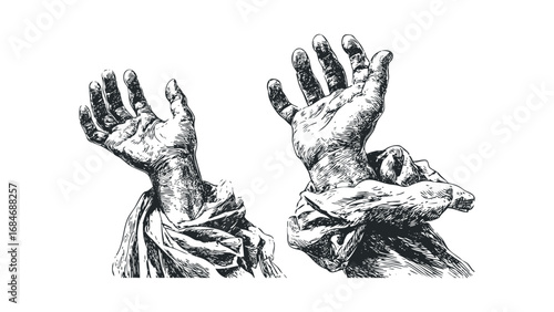 Detailed black and white sketch of two reaching hands emerging from draped cloth. Vector hand drawn illustration