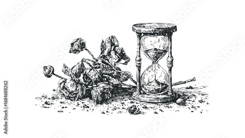 Withered Roses and Hourglass on Transparent Background. Vector hand drawn illustration