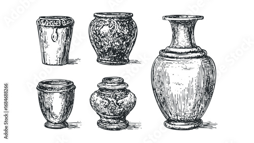 Collection of antique vases and vessels in vintage drawing style. Vector hand drawn illustration