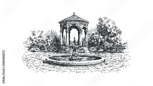 Sketch of classic tiered fountain in a stone courtyard surrounded by foliage. Vector hand drawn illustration