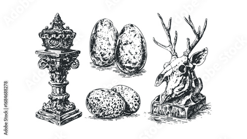 Detailed Ink Sketch of Ornately Decorated Pedestal with Eggs and Deer Skull. Vector hand drawn illustration