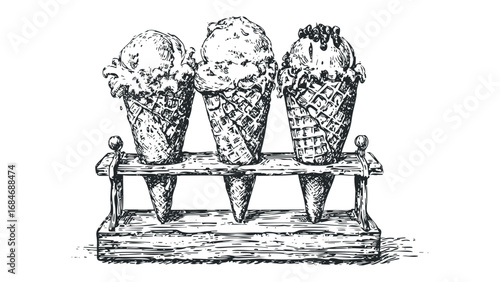 Hand Drawn Trio of Ice Cream Cones on Wooden Stand. Vector hand drawn illustration