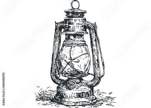 Vintage kerosene lantern depicted with ink sketch on a white background. Vector hand drawn illustration