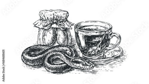 Engaging illustration of coiled reptile near glass cup of tea and jar. Vector hand drawn illustration
