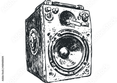 Hand-drawn sketch of a portable music speaker with controls and a large woofer. Vector hand drawn illustration