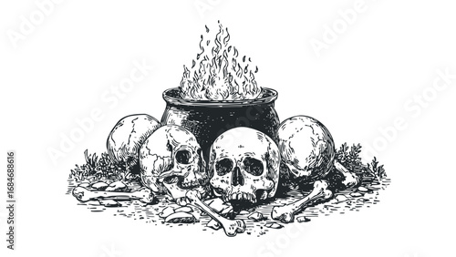 Witchcraft cauldron bubbling with flames surrounded by skulls and bones. Vector hand drawn illustration