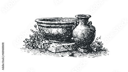 Vintage ceramic pots and foliage sketch on white. Vector hand drawn illustration