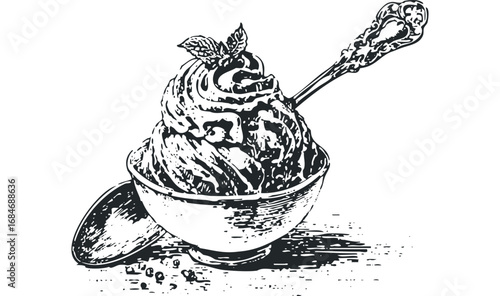 Stylized whipped cream dessert in a bowl with spoon and mint leaves. Vector hand drawn illustration
