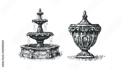 Ornate multi-tiered fountain with pouring water and decorative urn. Vector hand drawn illustration