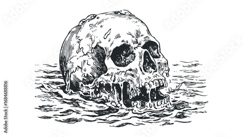 Engraved Human Skull Emerging from Rough Water Surface. Vector hand drawn illustration