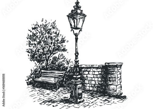 Vintage park scene with lamppost bench and stone wall sketch. Vector hand drawn illustration