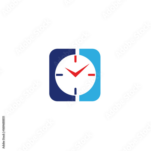 Modern Clock Icon with Blue Square Frame and Red Hands.
