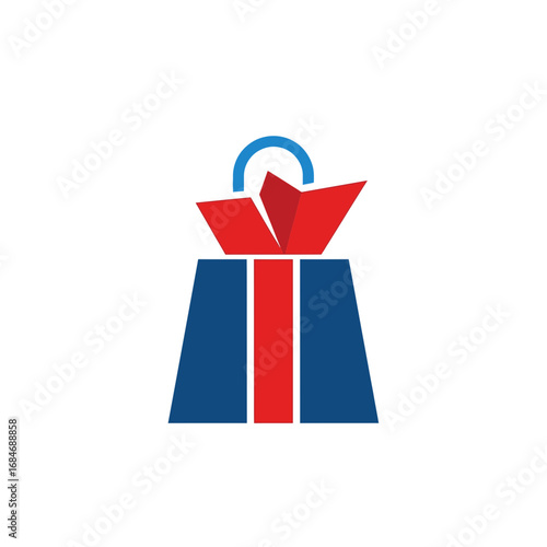 Stylized Gift Bag Icon with Red Ribbon and Blue Accents.