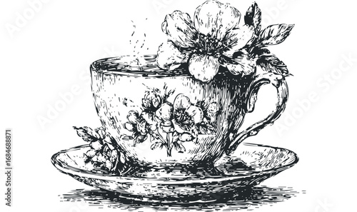 Detailed sketch of a steaming teacup adorned with blossoming flowers on a saucer. Vector hand drawn illustration