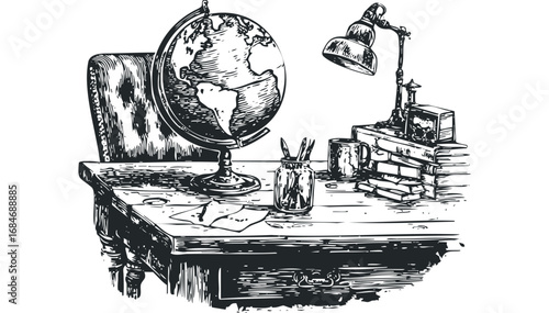 Sketch of vintage desk with globe, books, and lamp. Vector hand drawn illustration