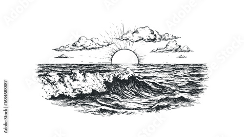 Graphic Ocean Waves at Sunrise with Clouds. Vector hand drawn illustration