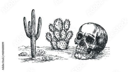 Sketch of a Human Skull and Cacti in a Desert Landscape. Vector hand drawn illustration