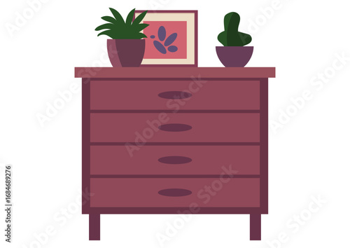 Chest of drawers with indoor plants and picture frame. Living room furniture for home decor. Isolated interior element.