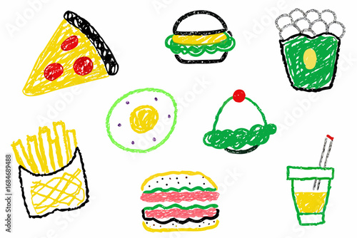 Whimsical crayon drawings of popular fast food items like pizza, burgers, fries, and drinks create a fun, playful visual.