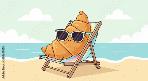 Funny cartoon croissant character with sunglasses relaxing on a beach chair, embodying a fun summer vacation and holiday concept by the sea