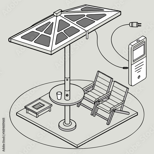Vector art of isometric illustration of a patio umbrella with solar panels, showcasing sustainable outdoor living and ecofriendly energy solutions for a greener lifestyle and modern backyard design