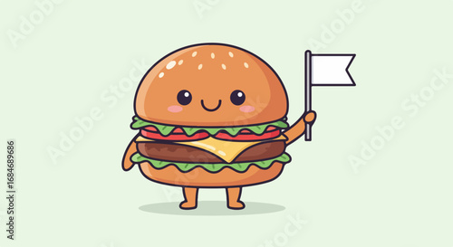Cute kawaii hamburger character holding a white flag, adorable fast food mascot vector illustration on a plain background