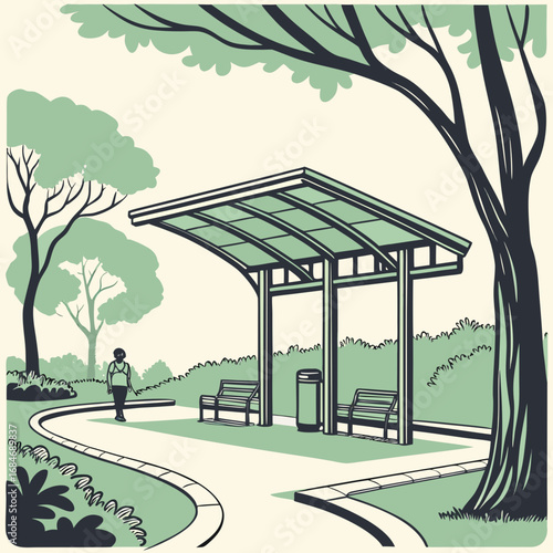 Illustration of a bus stop shelter with benches and a person walking on the path in a park, surrounded by trees and nature in a retro style, perfect for urban and travel themes