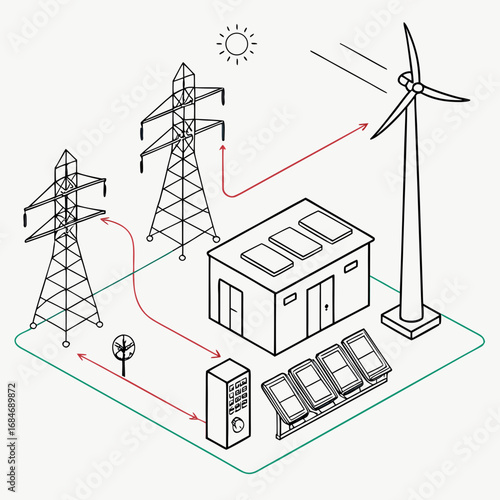 Vector art of isometric illustration of a renewable energy system with solar panels, wind turbine, and power grid, showcasing sustainable electricity generation and distribution