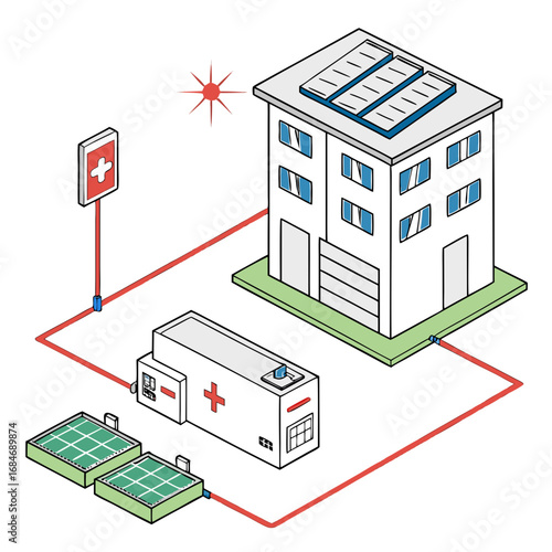 Vector art of isometric illustration of a hospital powered by solar panels and battery storage, showcasing renewable energy for critical infrastructure and healthcare facilities