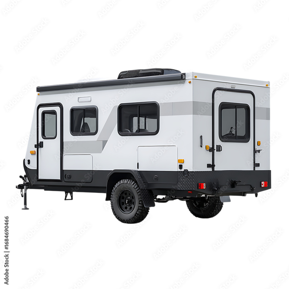 Naklejka premium Modern white travel trailer camper with dark gray trim and black roof rack isolated on transparent background for outdoor adventures and road trips