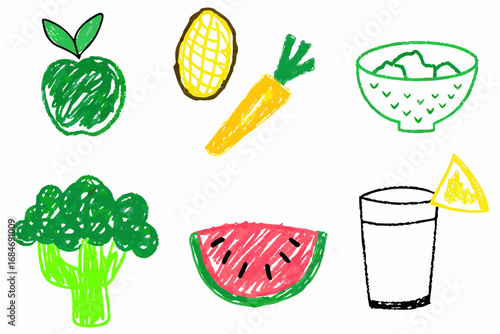 Vibrant crayon drawings of fresh fruits and vegetables, promoting healthy eating and natural goodness.