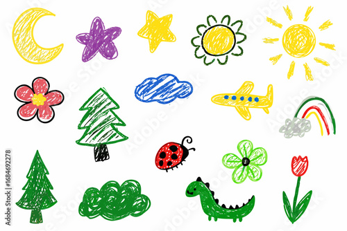 Vibrant crayon drawings of nature, animals, and transportation perfect for kids' projects and creative designs